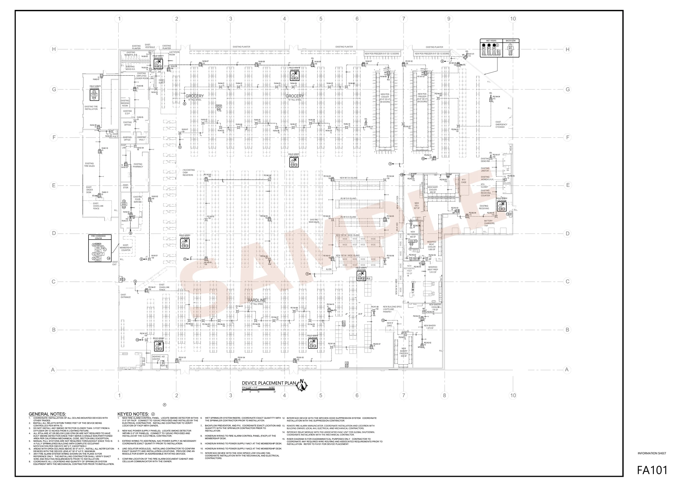 Sanitized fire alarm device placement plan sheet FA101 from a delivered large-format retail project