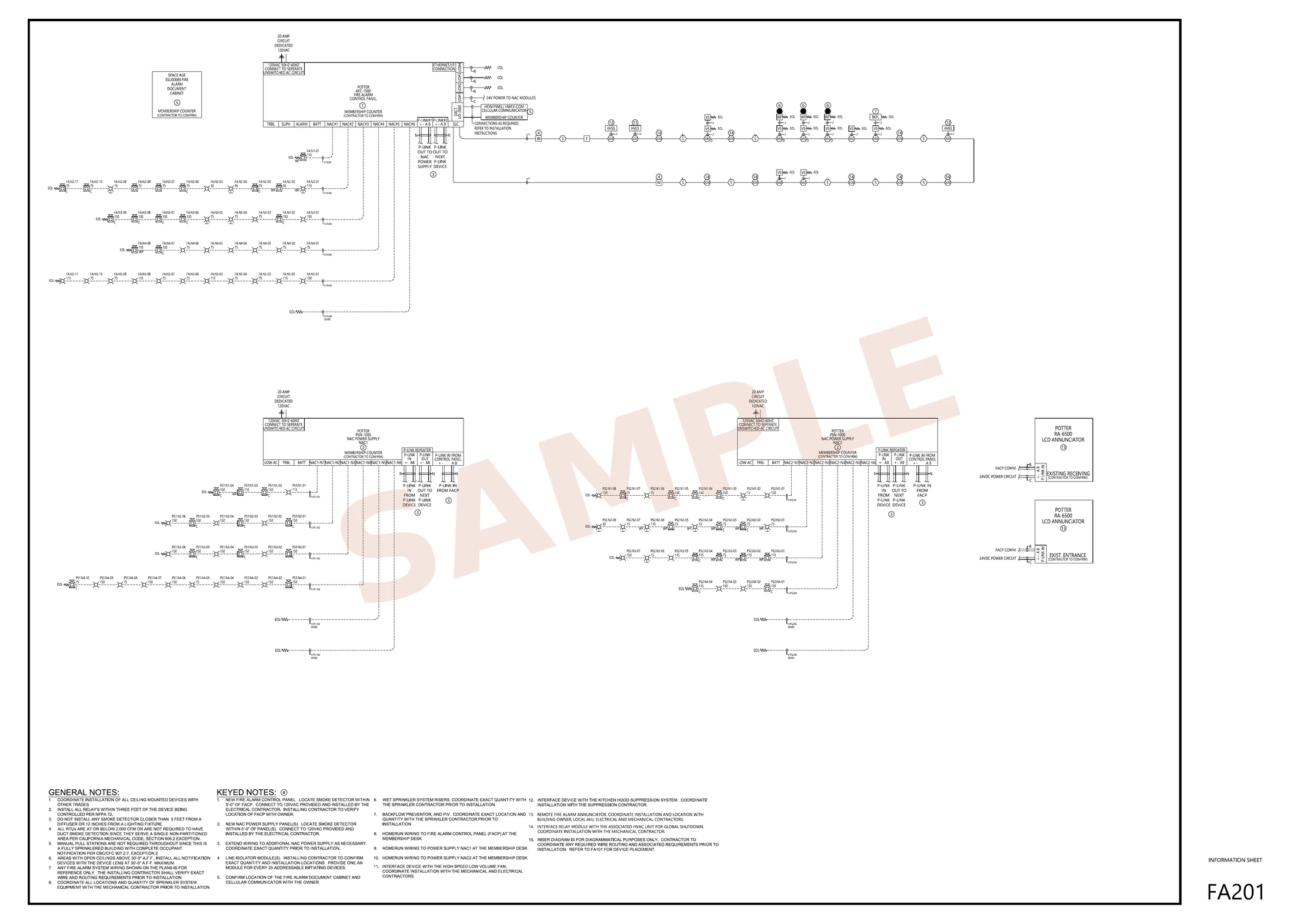 Sanitized fire alarm riser diagram sheet FA201 with FACP, NAC power supplies and annunciators