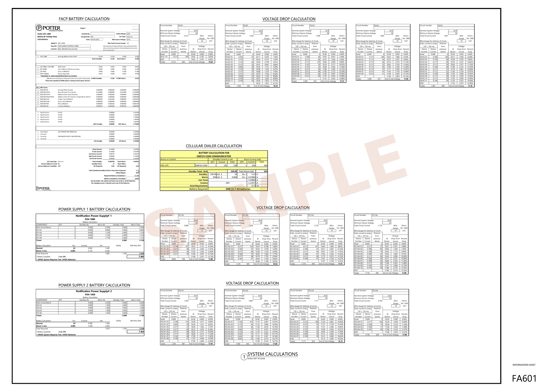 Sanitized fire alarm system calculation sheet FA601 with battery calculations and circuit voltage drop tables